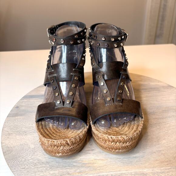 Authentic Jimmy Choo Raffia Calfskin Stud Danica Wedge Sandals US Size 8 EU 38 - Picture 3 of 12